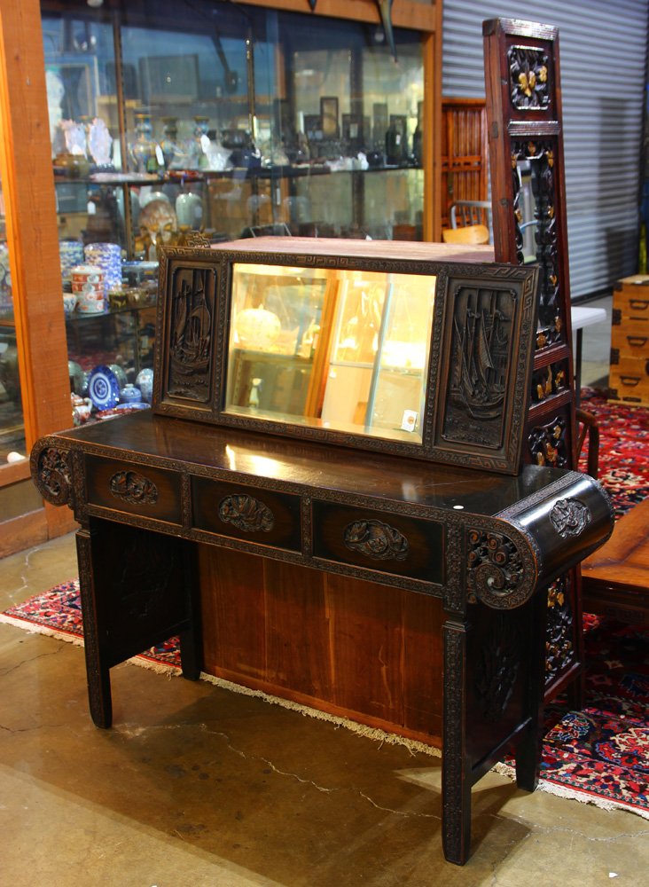 Chinese Carved Wood Vanity and Mirrors (1 of 5)
