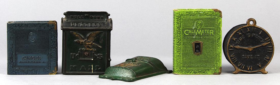 (lot of 5) Assorted coin banks, comprising a: (lot of 5) Assorted coin banks, comprising a "Calemeter" Coin Bank, in the form of a small green book a "Singer Sewing Machine" coin book; together with a "Time is Money" cast iron coin bank, 4"h x 3"