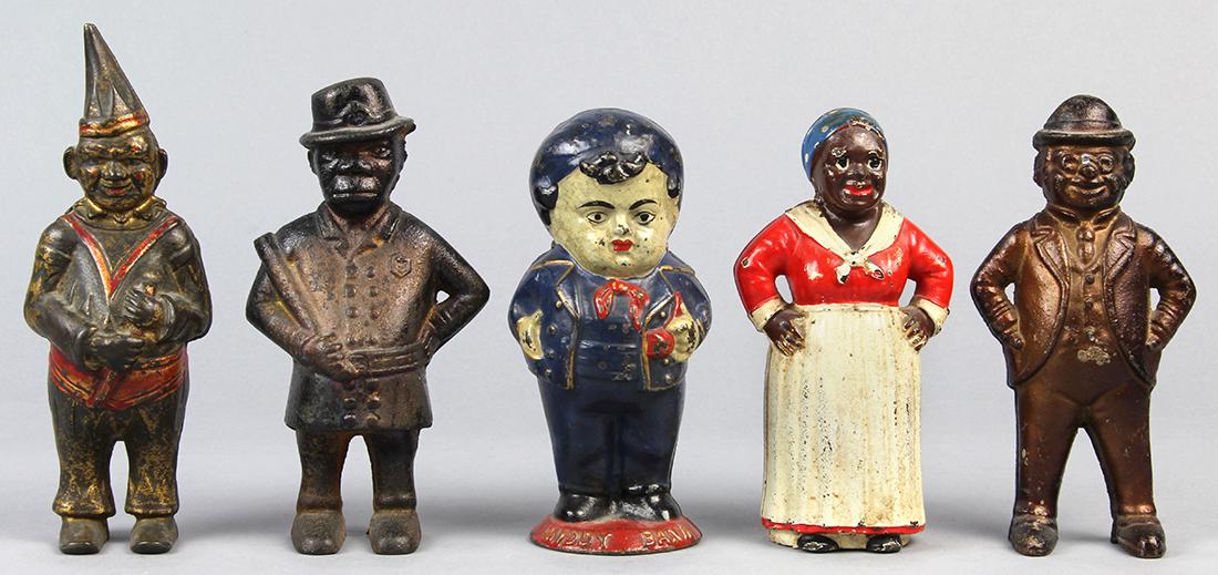 (lot of 5) Cast iron figural still/penny banks, (1 of 2)