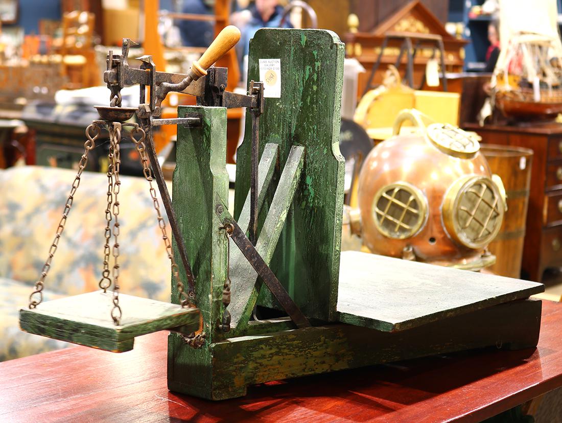 Antique green painted wood and metal scale, 16"h x 29"l (1 of 1)