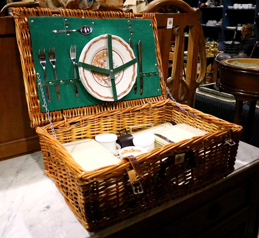 Vintage picnic basket filled with English transferware, (1 of 2)