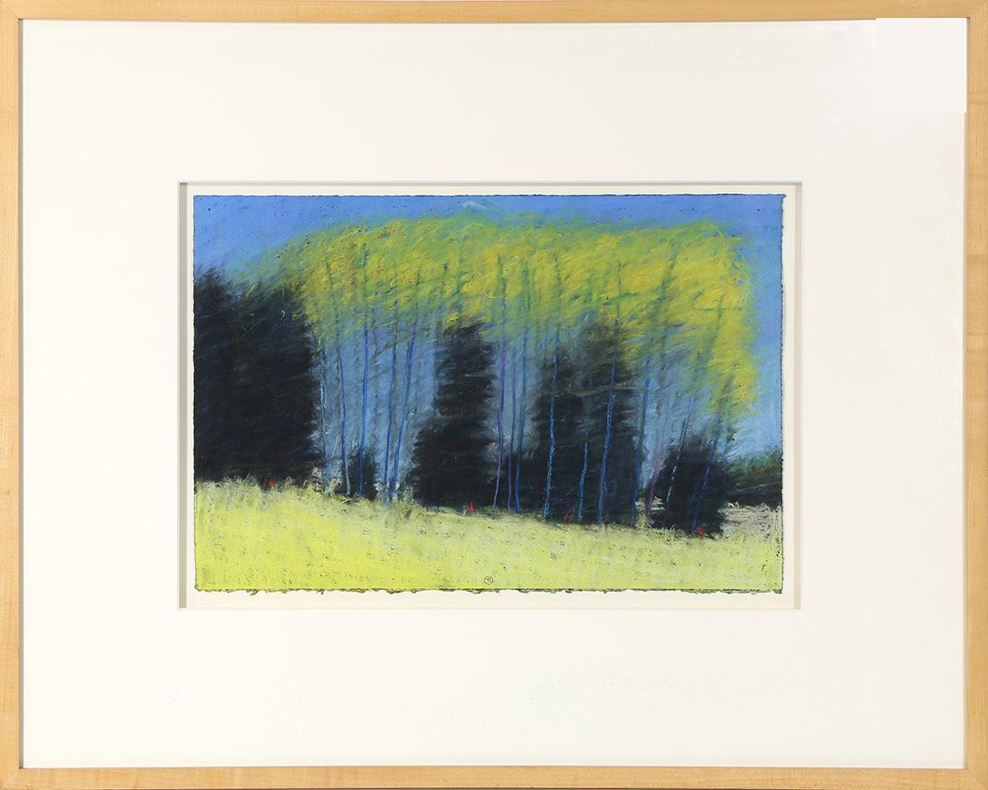 Pastel, Follower of Wolf Kahn: Follower of Wolf Kahn (American/German, b. 1927), Untitled (Wooded Landscape with Figure), pastel on paper, monogrammed "TL" lower center, overall (with frame): 24"h x30"w