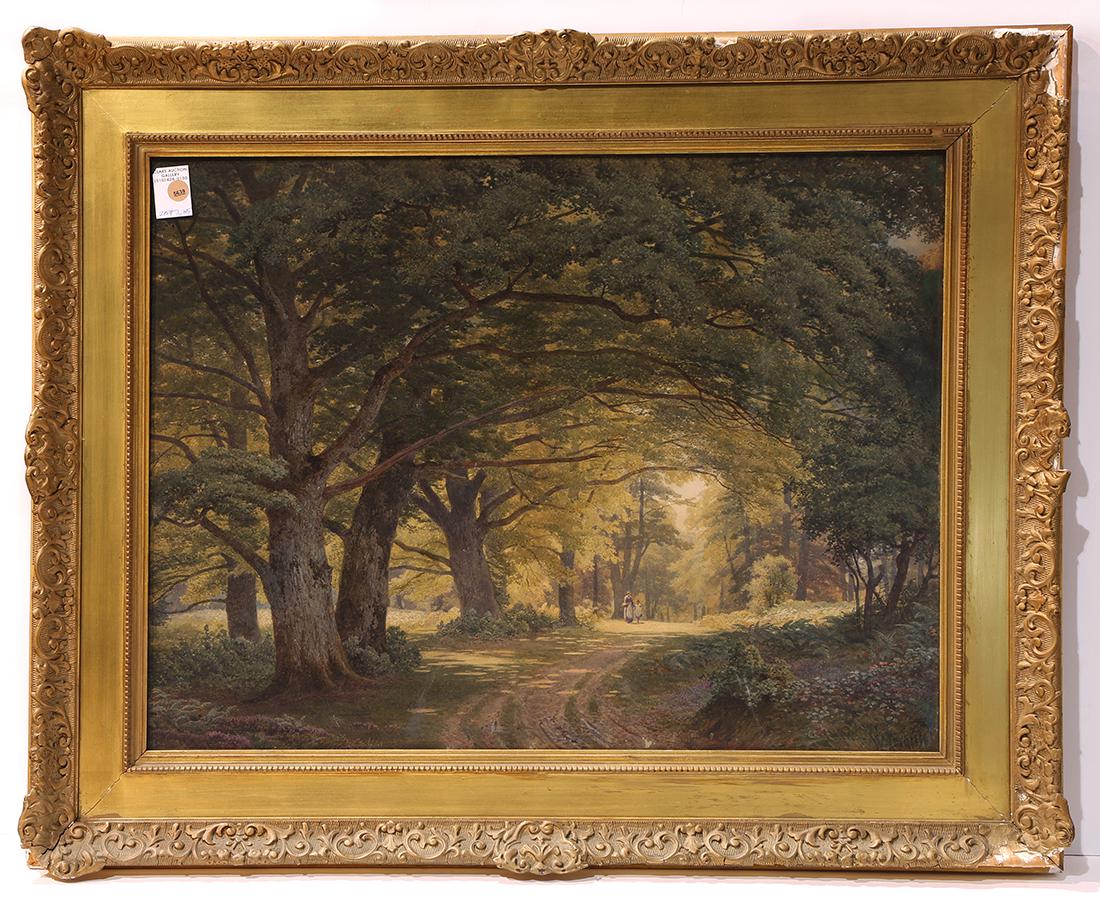 Watercolor, William Langley: William Langley (British, 1852-1922), Untitled (Mother and Child on a Wooded Path), watercolor, signed lower right, overall (with frame): 29.5"h x 35.5"W