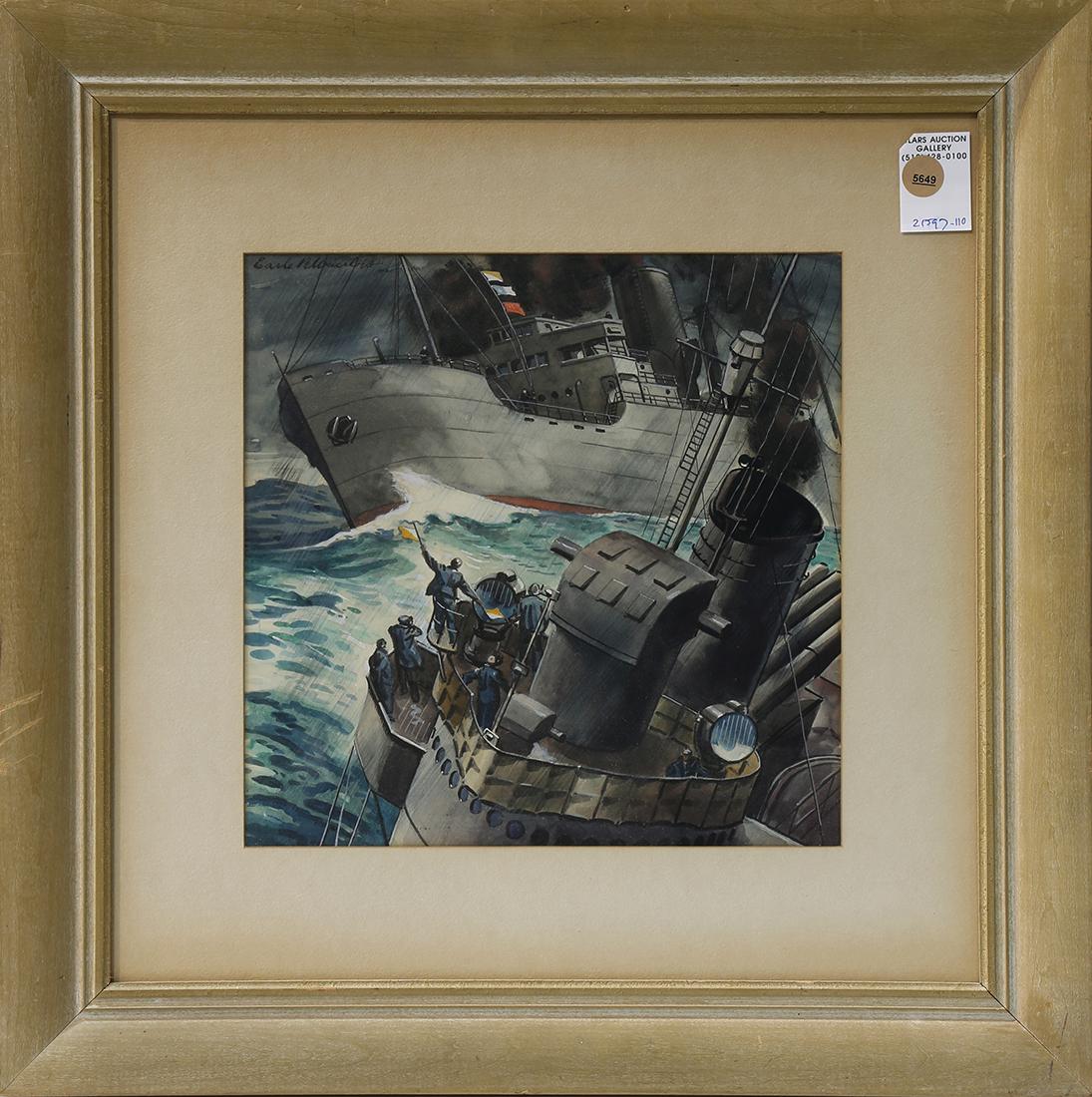 Earle Buricslow, watercolor: Ship Under Distress, watercolor, signed "Earle Blouicsbro" upper left, 20th century, overall (with frame): 19.5"h x 19.5"w