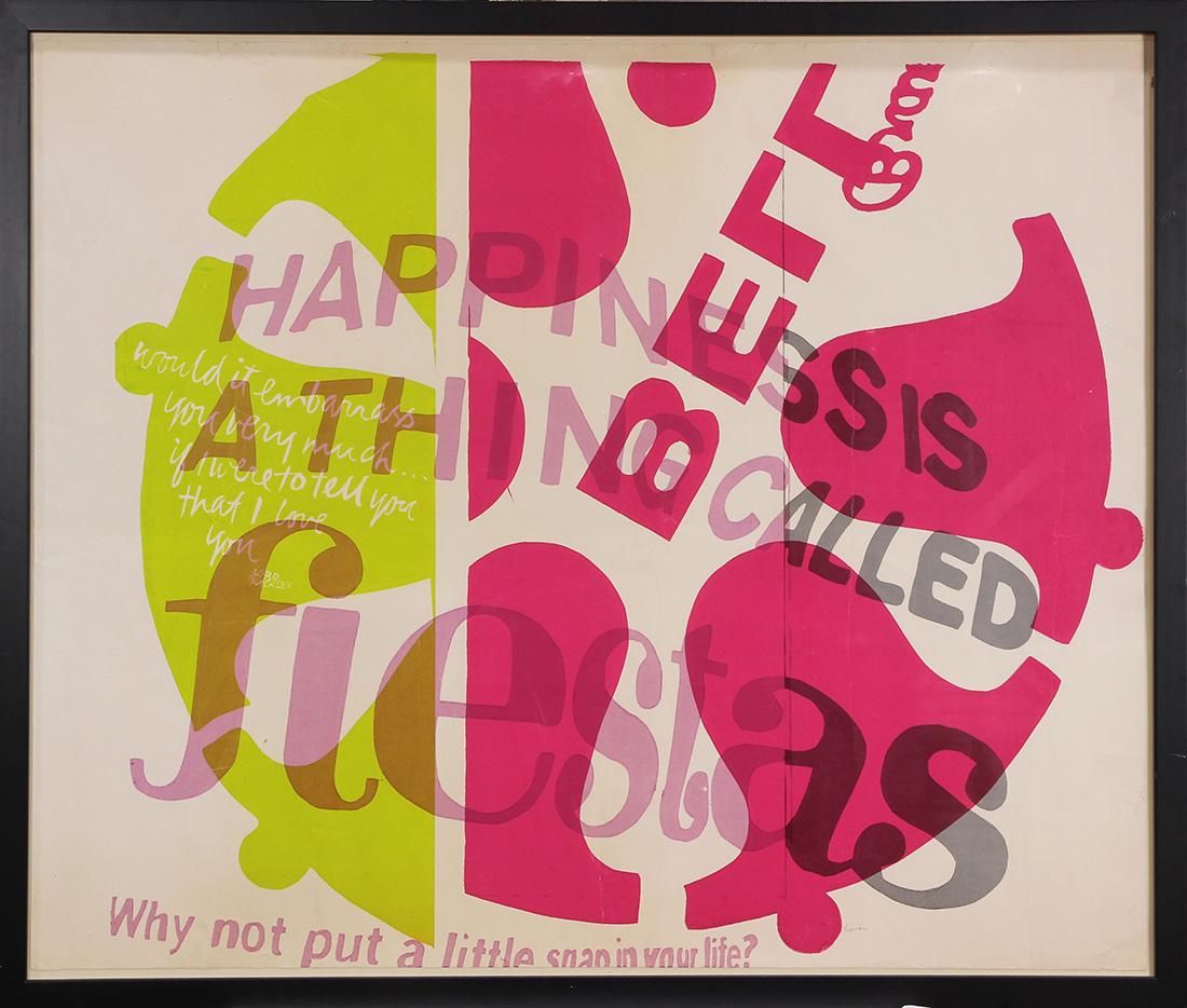 Print, Sister Corita Kent: Sister Corita Kent (American, 1918-1986), "Happiness is a Thing Called Fiesta," screenprint, pencil signed lower right, overall (with frame): 33"h x 39"w
