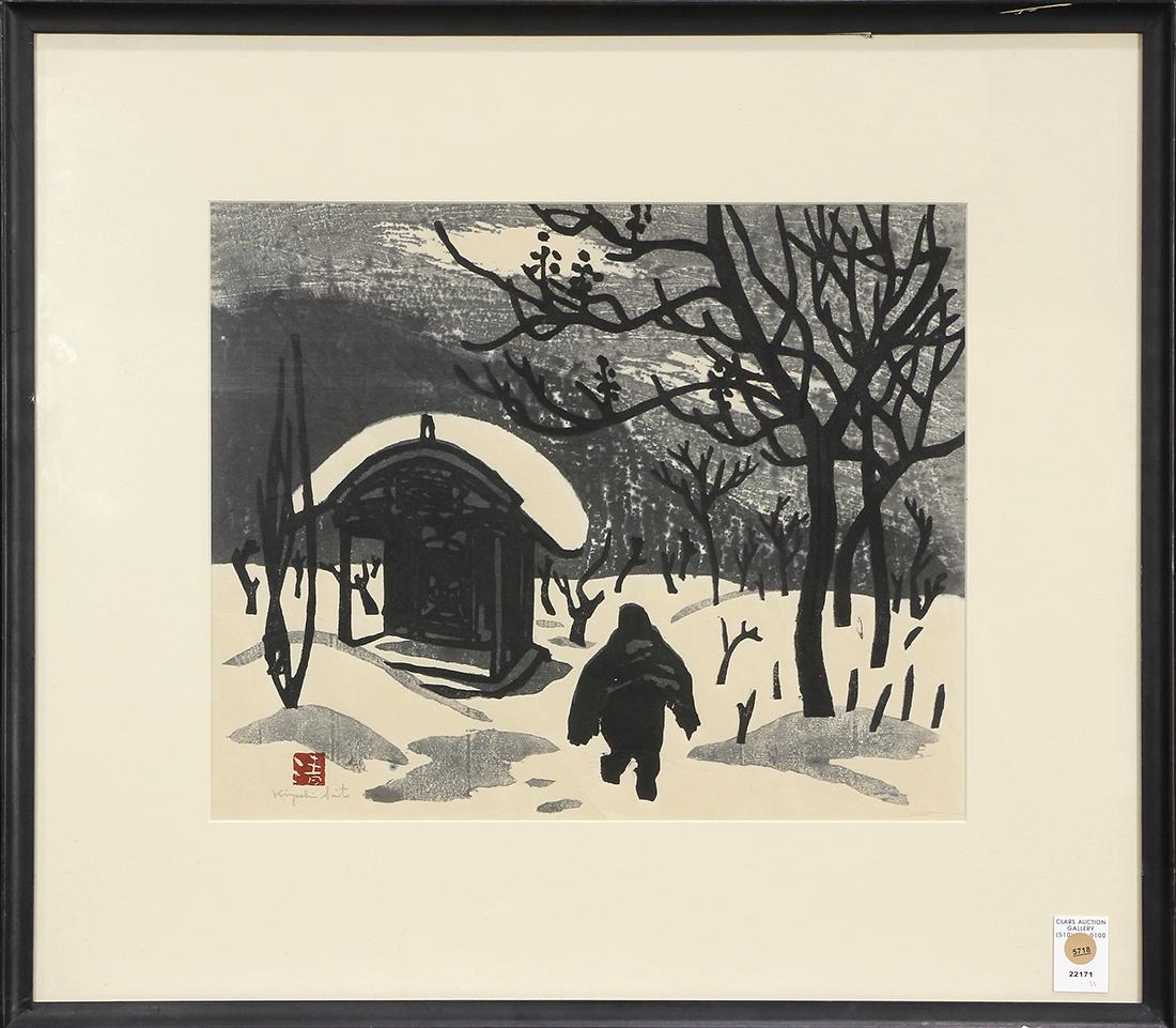Print, Kiyoshi Saito: Kiyoshi Saito (Japanese, 1907-1997), Winter in Aizu, woodcut, pencil signed lower left, overall (with frame): 24"h x 27.25"w