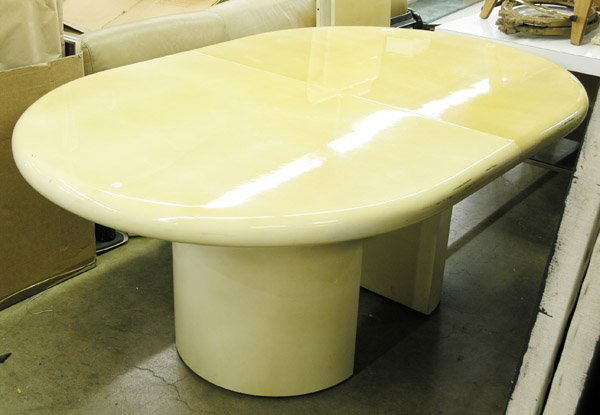 Karl Springer modern dining table: Post Modern dining table by Karl Springer, lacquer with double pedestal and two leaves, 31''h x 72''l x 47''d