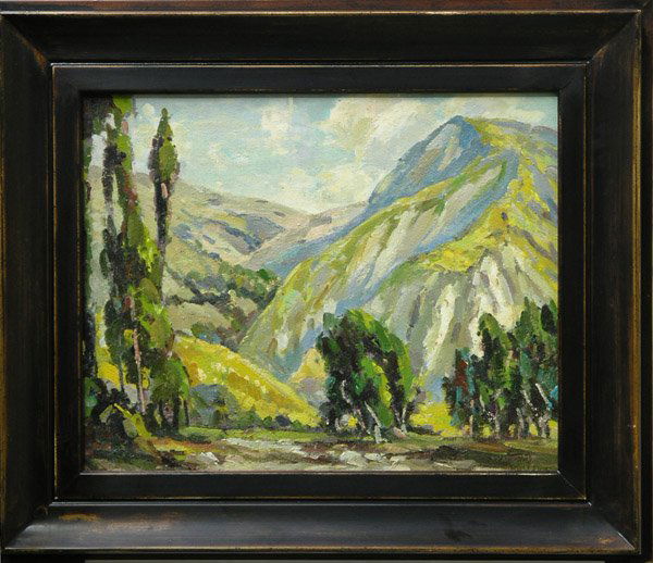 California Mountain John Wesley Cotton: Framed oil on canvas, California Mountain, in the manner of John Wesley Cotton (Canadian, 1868-1931), contemporary, unsigned, overall: 23''h x 27''w.