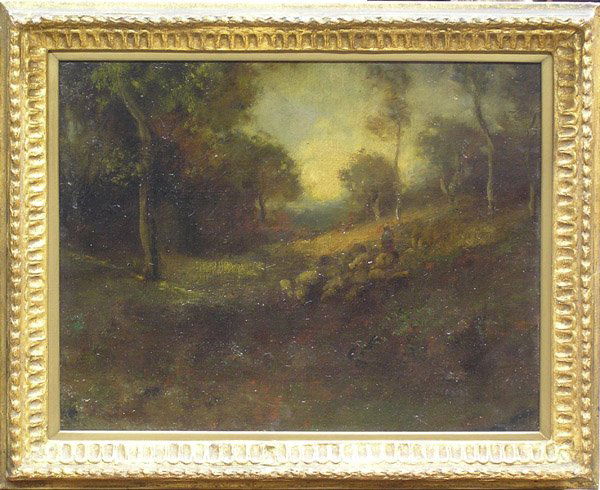 Painting, William Keith, Californian: Framed oil on artist board, Shepherd with his Sheep, by William Keith (Californian,1838-1911), signed lower right, sight: 14''h x 19''w, overall: 19''h x 23''w