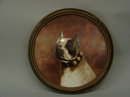 Painted porcelain plaque, Boston Terrier: Framed painted porcelain plaque, Boston Terrier, signed Mrs. Dave Ahern lower right, image: 12'' diameter, frame: 14'' diameter