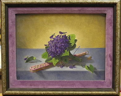 Oil, Floral studies, Alexis Pencovic: (lot of 2) Framed oil on panel by Alexis Pencovic: Victorian Violets (1969), monogrammed lower left, image: 6.5''H x 8''W, frame: 9''H x 11''W x .75''D; Morning Glories (1967), monogrammed lower