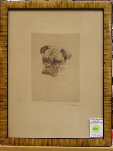 Sepia etching, Shar-pei: Framed sepia ink etching, Shar-pei, late 19th-early 20th century, signed indistinctly lower right, plate: 6.5''H x 4.5''W, frame: 14''H x 11''W x .5''D