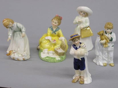 Five Royal Doulton Figurines of Children: Group of five Royal Doulton Figurines: ''Picnic'', ''Let's Play'', ''Special Friend'',''Almost Grown'', Tallest piece 4.5'', very good condition