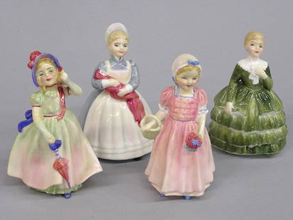 Four Royal Doulton Figurines of Young Beauties: Group of four Royal Doulton Figurines of young beauties: ''The Rag Doll'',''Belle'', ''Tinkle Belle'', ''Babie'' Tallest figure 5''