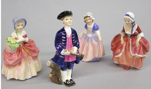 Four Royal Doulton Figurines of 18th C. youth: Four Royal Doulton Figurines: ''Boy From Williamsburg'',''Dinky Do'',''Cissie,'' ''Goody Two Shoes''. Tallest figure 5.5''