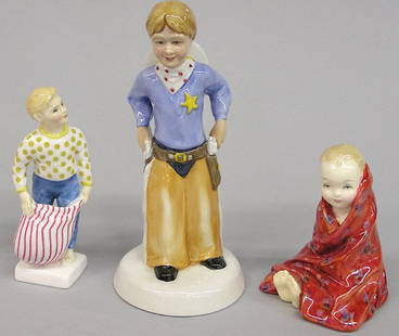 3 Royal Doulton figures: Royal Doulton porcelain figures, ''Lights Out'', ''Stick 'Em Up'', and ''This Little Pig'' Tallest figure approx 7.5''h all in very good condition