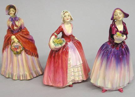 Three Royal Doulton Figurines of Beauties: Royal Doulton porcelain figures, ''Joan'',''Janet'' and ''Dorcas'', all in very good condition, tallest figure 7''