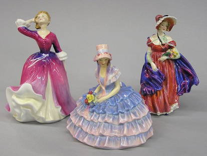 Royal Doulton porcelain figures: Royal Doulton porcelain figures, ''Melissa'', ''Lady April'', ''Chloe'' all three in very good condition, tallest figure approx. 8''h