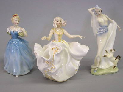 Royal Doulton Porcelain Figures: Royal Doulton porcelain figures, ''Enchantment'' ''Harriet'' and ''Sweet Seventeen'' Tallest figure approx. 9'', all in very good condition