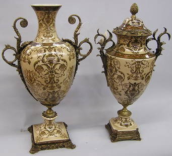 2 palace size urns: Associated palace sized giltmetal mounted urns, one lidded, 27'' and 28''