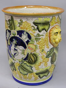 Majolica style urn: Crackle glaze Majolica style urn with lion masks, 17''