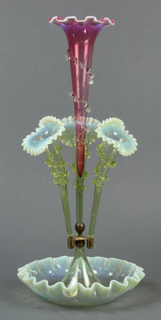 Victorian opalescent glass epergne: Victorian opalescent glass epergne, each spray having a ruffled rim continuing to the brass support, and terminating on the scallop decorated bowl, 21.5"h