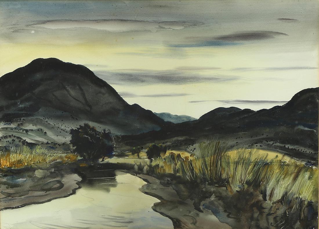 Watercolor, Peter Hurd: Peter Hurd (American, 1904-1984), "Mountain Stream," watercolor, signed lower right, gallery title label (William MacBeth, New York, NY) affixed verso, sight: 22"h x 30.5"w, overall (with frame): 34"h