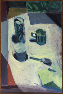 Painting, Terry St John: Terry St. John (American, b. 1934), Untitled (Table Still Life with Cups), circa 1960, oil on canvas, unsigned, canvas: 28"h x 18.5"w, overall (with frame): 28.5"h x 19.5"w. Provenance: Collection of