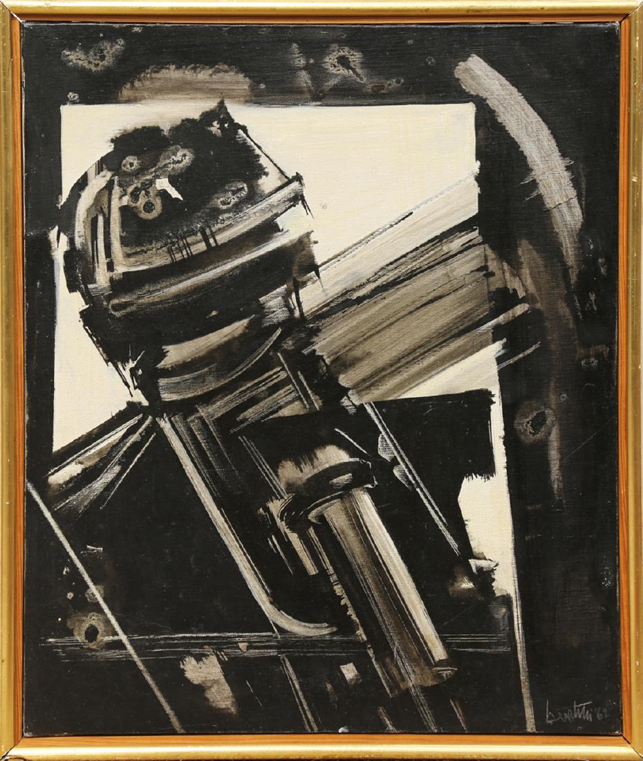 Painting, Gianni Bertini: Gianni Bertini (Italian, b. 1922) "Eumeni de Supplantee," 1962, oil on canvas, signed and dated lower right, Gres Gallery (Chicago, IL) label verso, canvas: 21.5"h x 18"w, overall (with frame): 23.25"