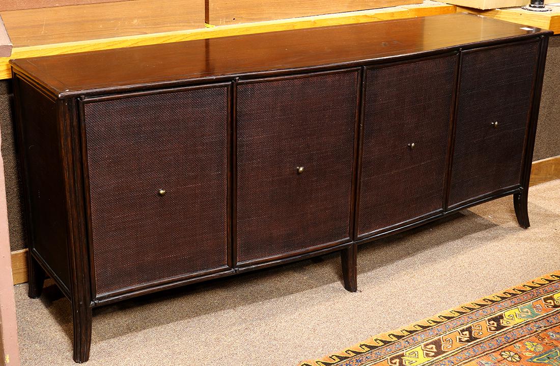 McGuire San Francisco credenza: McGuire San Francisco credenza, having a shaped top, above the four door case with woven fronts, and rising on outswept legs, 34.5"h x 80"w x 22"d