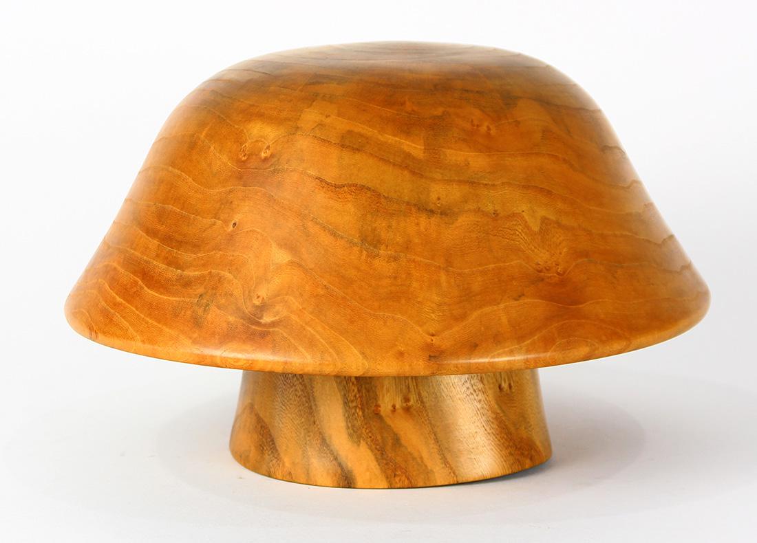 Howard Lewin turned Siberian elm mushroom sculpture: Howard Lewin turned Siberian elm mushroom sculpture, executed in 1987, having a deep overhanging top continuing to the hollowed base, signed and dated to undeside, 7.5"h x 12"w