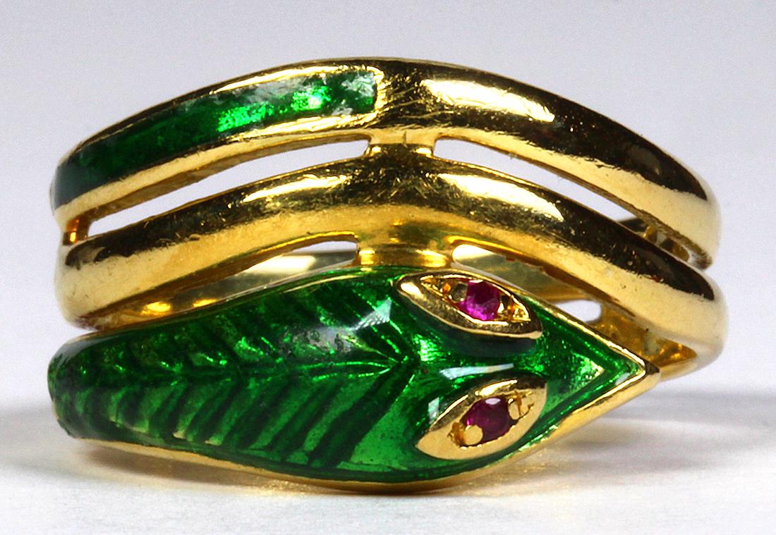 Ruby, enamel and 18k yellow gold snake ring (1 of 5)