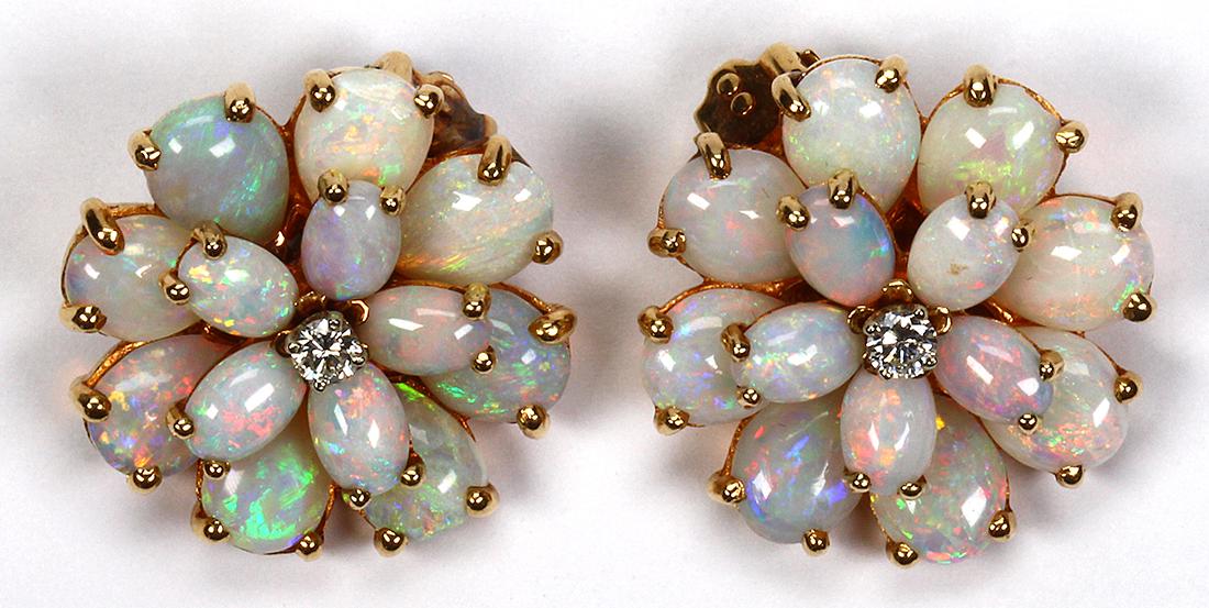 Pair of opal, diamond, 14k yellow gold flower earrings (1 of 3)