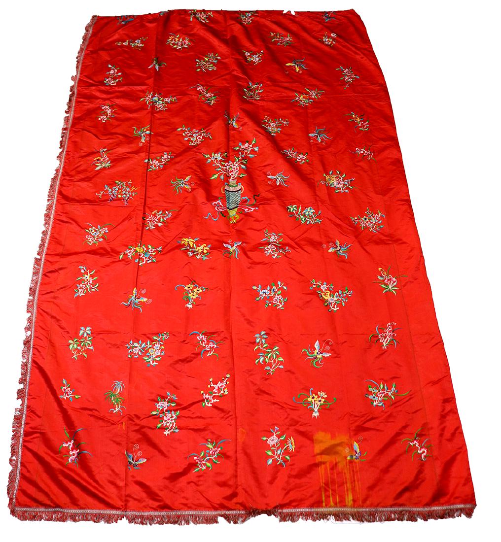 Chinese Large Red Silk Panel, Flowers (1 of 4)