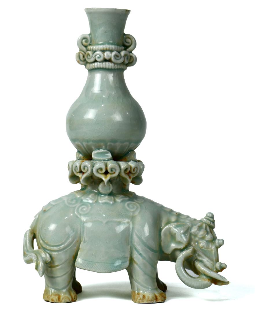 Chinese Yingqing Porcelain Vase, Elephant: Chinese yingqing glazed porcelain vase, with a vase resting on the back of a caparisoned elephant, 5.25"w