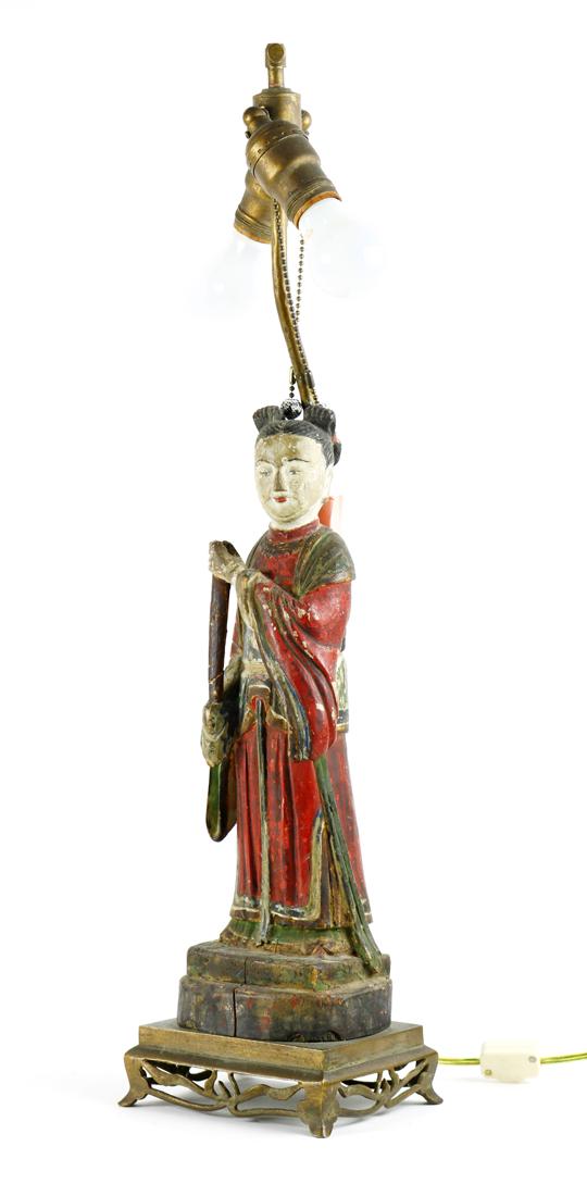 Chinese Wood Figure Mounted Onto a Lamp: Chinese polychrome wooden figure, of a beauty in a red robe, mounted on to a lamp, overall: 24.5"h