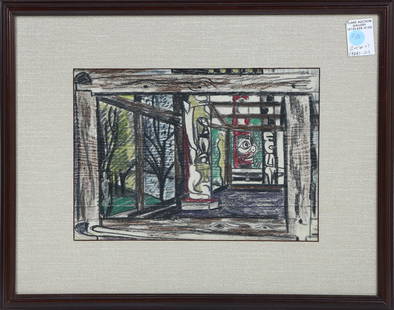 Works on paper by Erle Loran: (lot of 2) Erle Loran (American, 1905-1999) Trees & Victoria, British Columbia Museum Totems, mixed medias on paper, unsigned, artist estate label affixed verso, largest overall (both framed): 17"h x