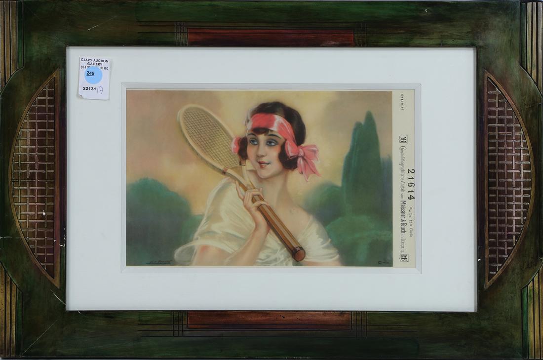 Print, Lady Tennis Player: Lady Tennis Player, chromolithograph, printed by Anstalt von Meissner & Busch (Leipzig), 20th century, overall (with frame): 15"h x 22.75"w; Provenance: Cafe Society, SF & Napa