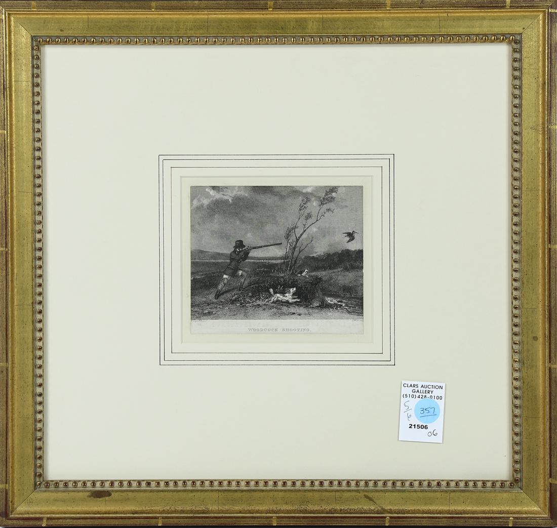 British 19th Century Hunting Engravings: (lot of 6) British School (19th century), "Partridge Shooting," "Wild Fowl Shooting," "Woodcock Shooting," "Pheasant Shooting," "Woodcock Shooting," and "Pheasant Shooting," engravings, overall (frame