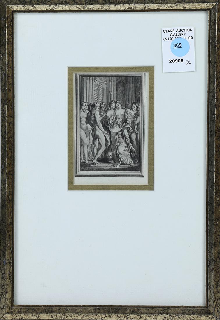 Print, Classical School, Female and Male Nudes: Continental School (18th century), Classical Nude Women and a Man with Nun Fainting, engraving, unsigned, overall (with frame): 12.75"h x 8.75"w