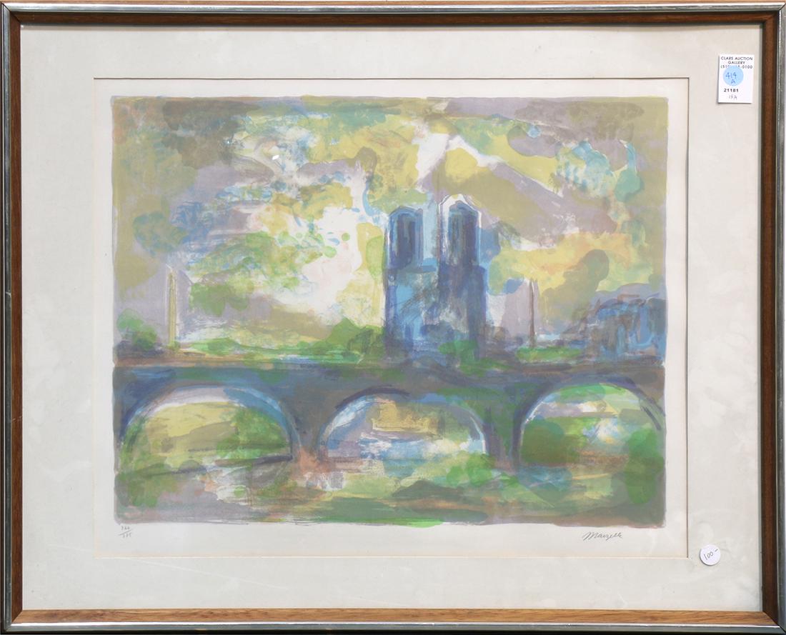 Print, Jean Marzelle: Jean Marzelle (French, 1916-2005), Notre Dame, lithograph in colors, pencil signed lower right, edition 244/275, overall (with frame): 23.5"h x 29.5"w