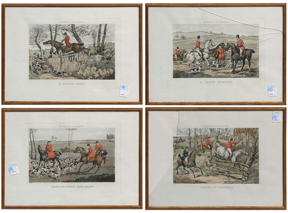 Hunting Prints, Henry Thomas Alken: (lot of 4) Henry Thomas Alken (British, 1885-1851), "Hunting Incidents: A Flying Leap, A Cross Meeting, Going to Cover, and Taking it Cleverly," etchings with hand coloring, each titled lower center,