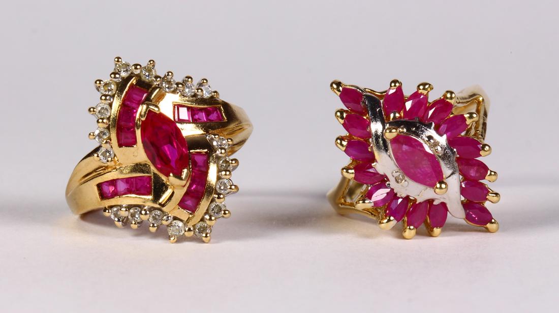 (Lot of 2) Ruby, synthetic ruby, diamond and yellow (1 of 3)