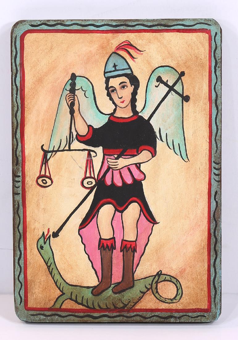 (lot of 5) Polychrome painted icon group, consisting of: (lot of 5) Polychrome painted icon group, consisting of one depicting San Pascual, another of San Jose, by Monica Sosaya Halford, one of San Miguel, by Belarmina Esquibel, Santa Fe, NM, another of San