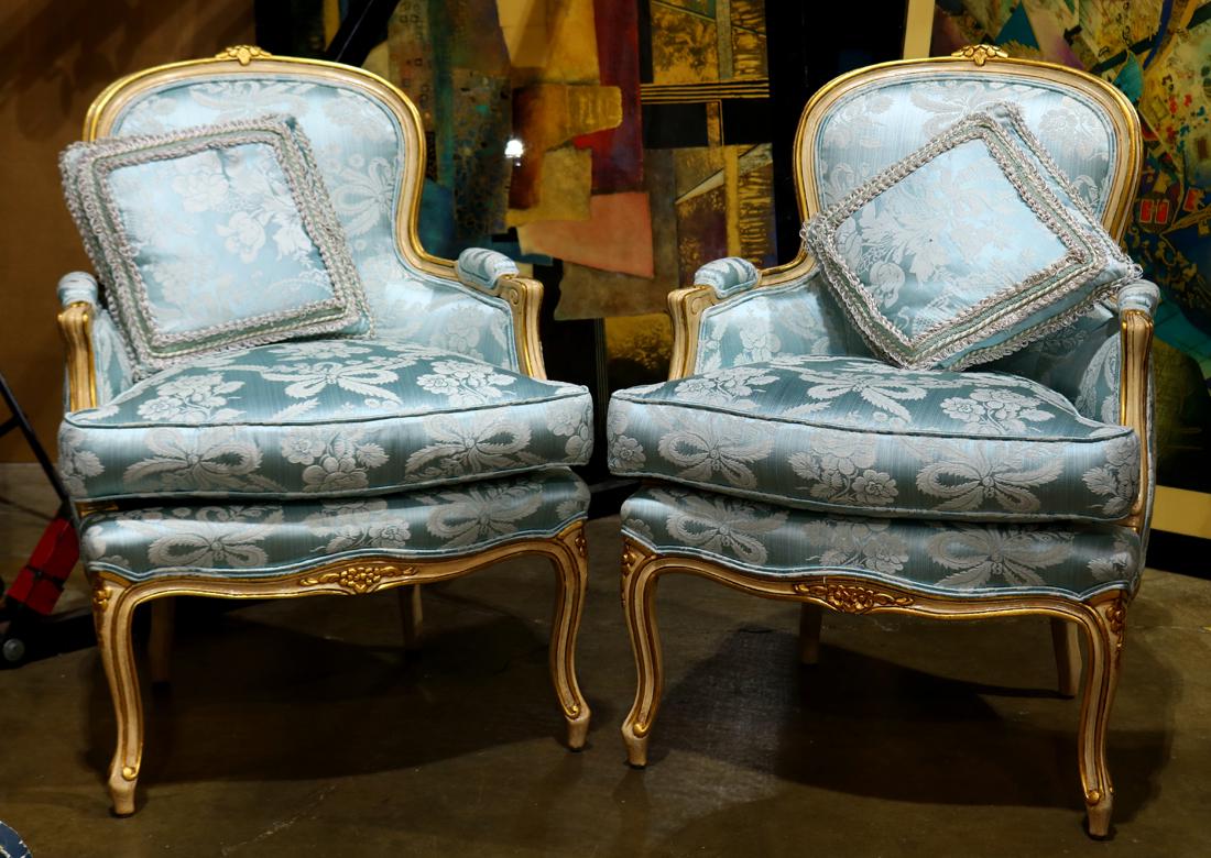 Pair of Louis XV style bergeres: Pair of Louis XV style bergeres, each having silk floral fabric and rising on carved cabriole legs, 37.5"h x 27"w