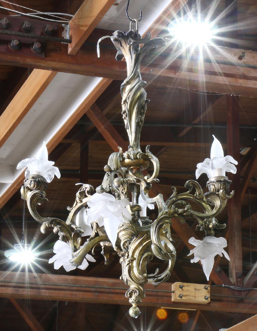 Art Nouveau six-light patinated bronze chandelier, (1 of 2)
