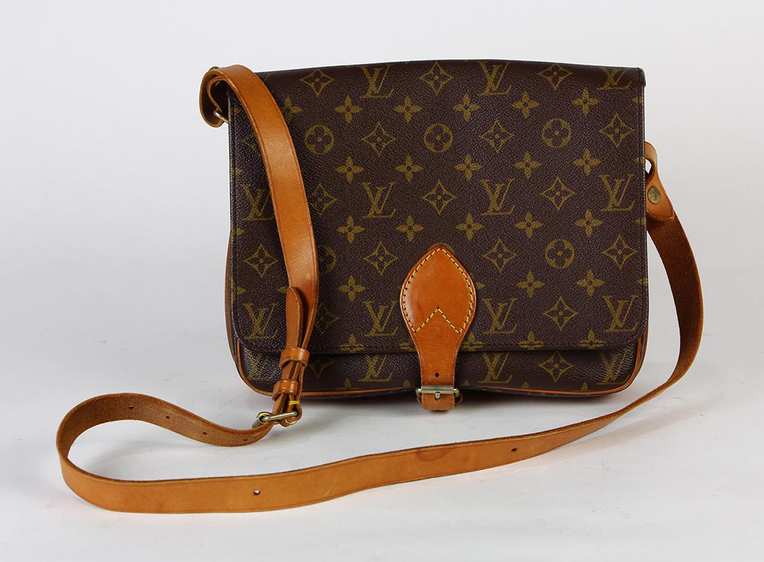 Louis Vuitton Cartouchiere shoulder bag: Louis Vuitton Cartouchiere shoulder bag, GM, executed in brown monogram coated canvas, 9"h x 11"w x 3"d