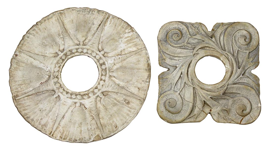 Louis Sullivan plaster architectural elements: (lot of 2) Louis Sullivan (and Adler) plaster architectural elements executed for the interior of The Auditorium Building Chicago Il., one of circular form with a stylized starburst pattern 12" diamet