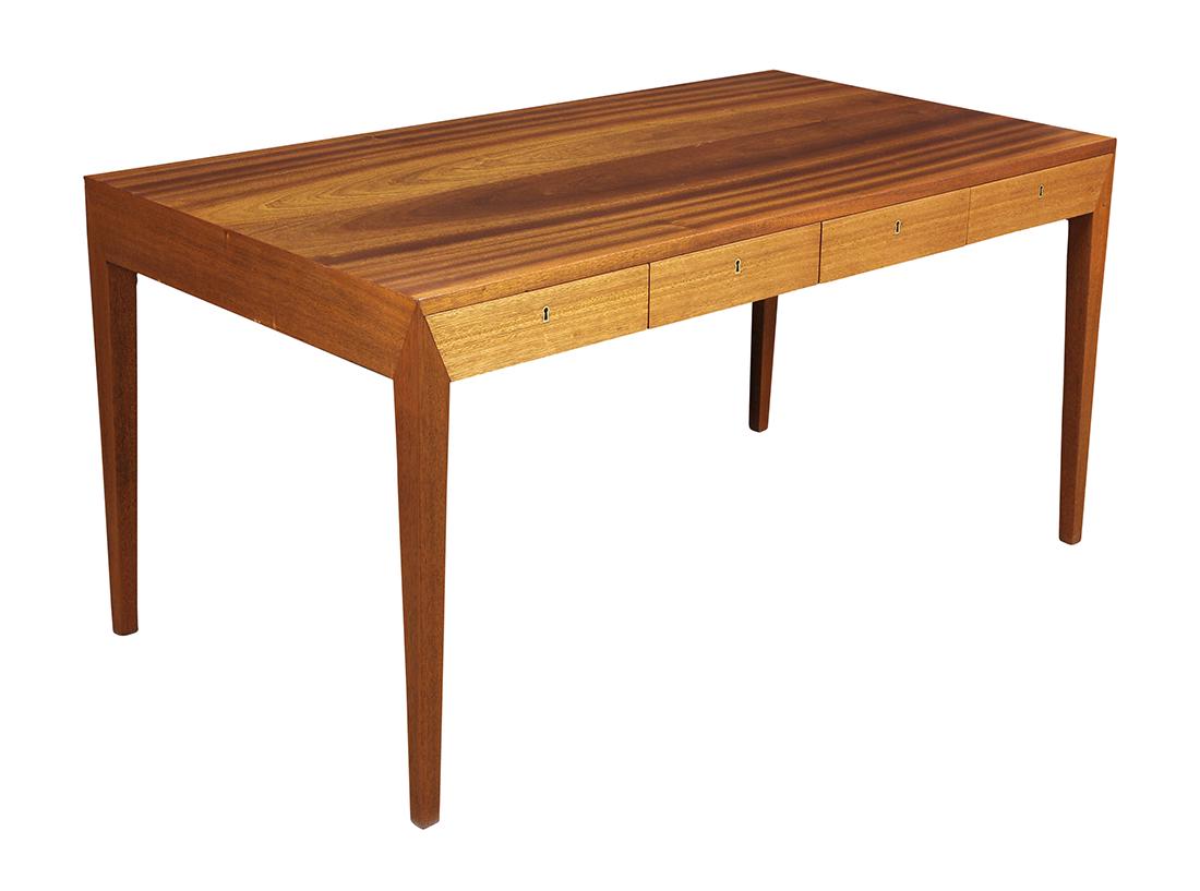 Danish Modern Severin Hansen Jr. for Haslev: Danish Modern Severin Hansen Jr. for Haslev Cabinetmakers mahogany writing desk, circa 1960, having a rectangular top above the four drawer case, and rising on tapered legs, 28.5"h x 56"w x 29.5"d