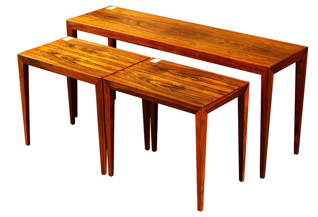 Danish Modern Severin Hansen Jr. rosewood nesting: Danish Modern Severin Hansen Jr. rosewood nesting tables, circa 1960, each having a rectangular top and rising on stiletto legs, marked for Haslev, largest: 19.5"h x 43"w x 12.5"d
